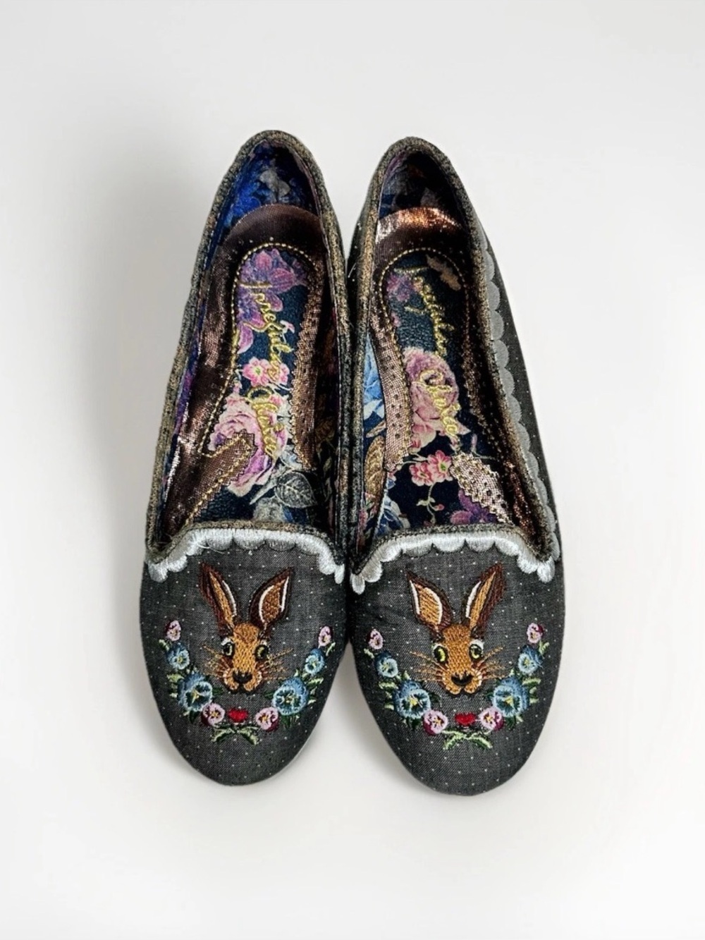 Irregular Choice Black Bigwig Rabbit Embroidered Flat Shoes Size EU 42 - US 11